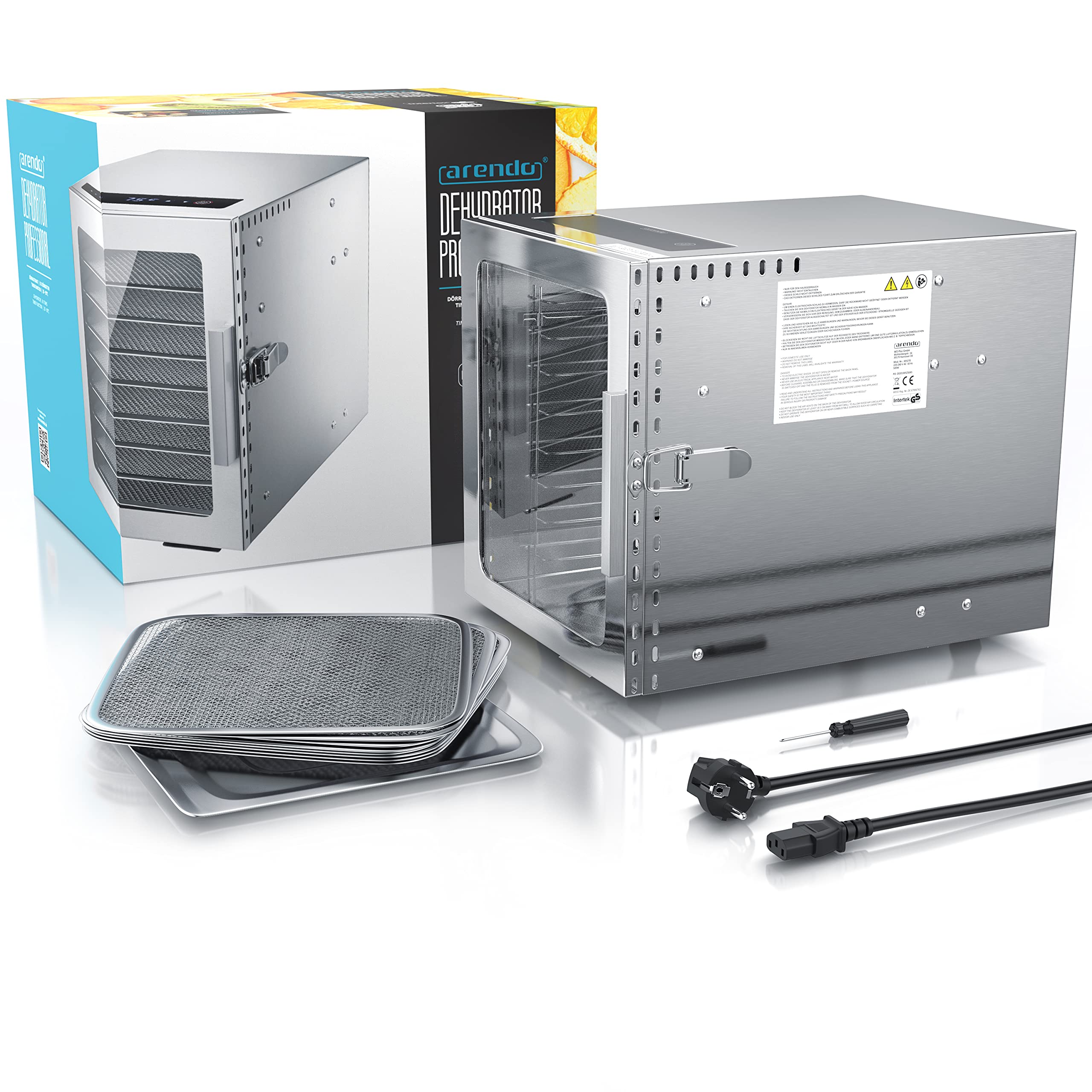 Arendo - Stainless steel dehydrator 8-fold - 500 watts with temperature control - dehydrator for food meat fruits fruit mushrooms - timer up to 24 hours - 8 compartments - GS - dehydrator